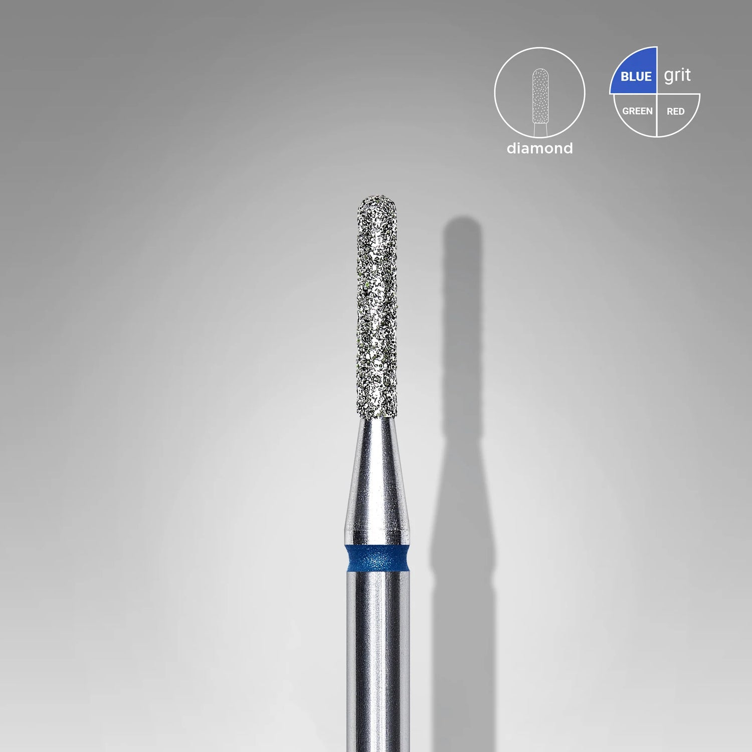 Close-up of STALEKS Diamond Nail Drill Bit Rounded Cylinder Blue- 1.4mm head diameter, 8mm working part.