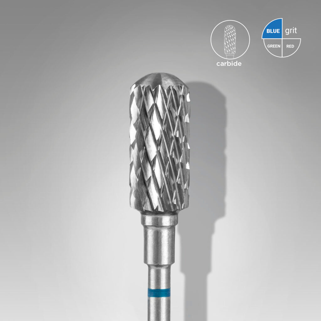 Close-up of STALEKS Carbide Nail Drill Bit Safe Rounded Cylinder Blue EXPERT - 6mm head diameter, 14mm working part 
