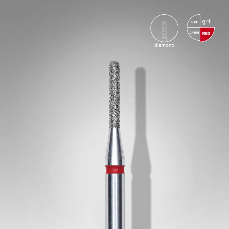 Close-up of STALEKS Diamond Nail Drill Bit Rounded Cylinder Red - 1.4mm head diameter, 8mm working part.