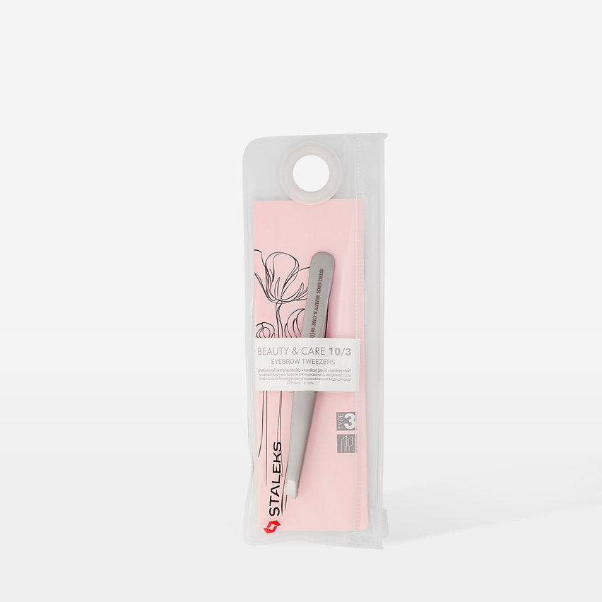 close-up of STALEKS Eyebrow Tweezers Beauty & Care 10 Type 3 (Wide Slanted) in package