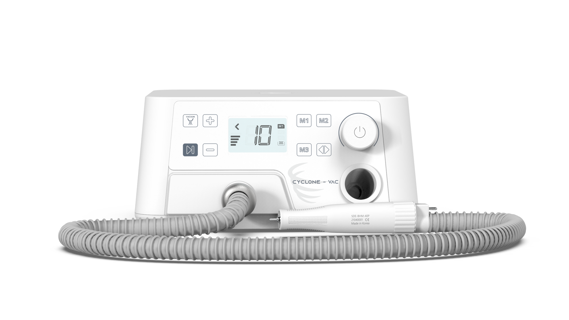 Saeyang PODO Machine Cyclone-VAC - Front view showing the ergonomic design and LED display.