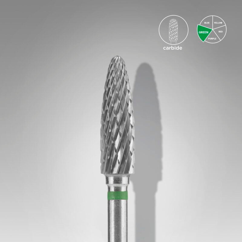 Close-up of STALEKS Carbide Nail Drill Bit Corn Green EXPERT - 4mm head diameter, 14mm working part (FT90G040/14) for professional nail grooming.